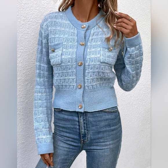 New Chic Tweed Knit Button Up Crop Cardigan Sweater Top Jacket Blue Gold - Picture 2 of 7